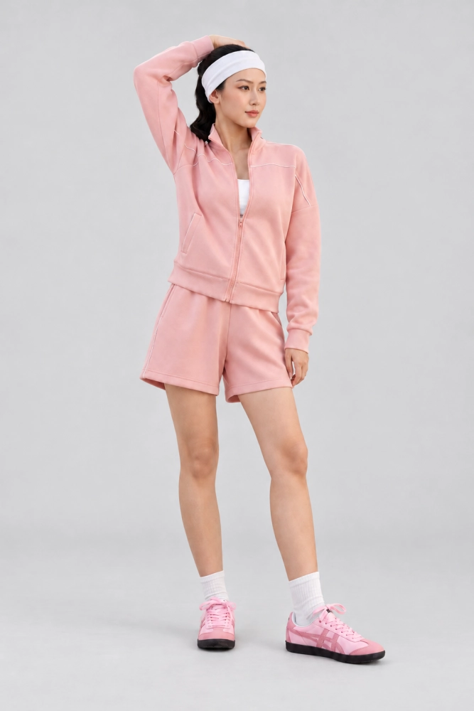 Bộ Nỉ Thể Thao Nữ Cao Cấp Velosar LSE211812 – Áo Khoác Khóa Kéo, Quần Short Cạp Chun, Phối Viền Năng Động