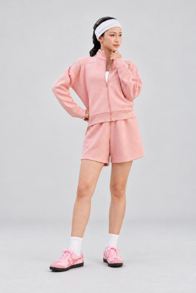 Bộ Nỉ Thể Thao Nữ Cao Cấp Velosar LSE211812 – Áo Khoác Khóa Kéo, Quần Short Cạp Chun, Phối Viền Năng Động